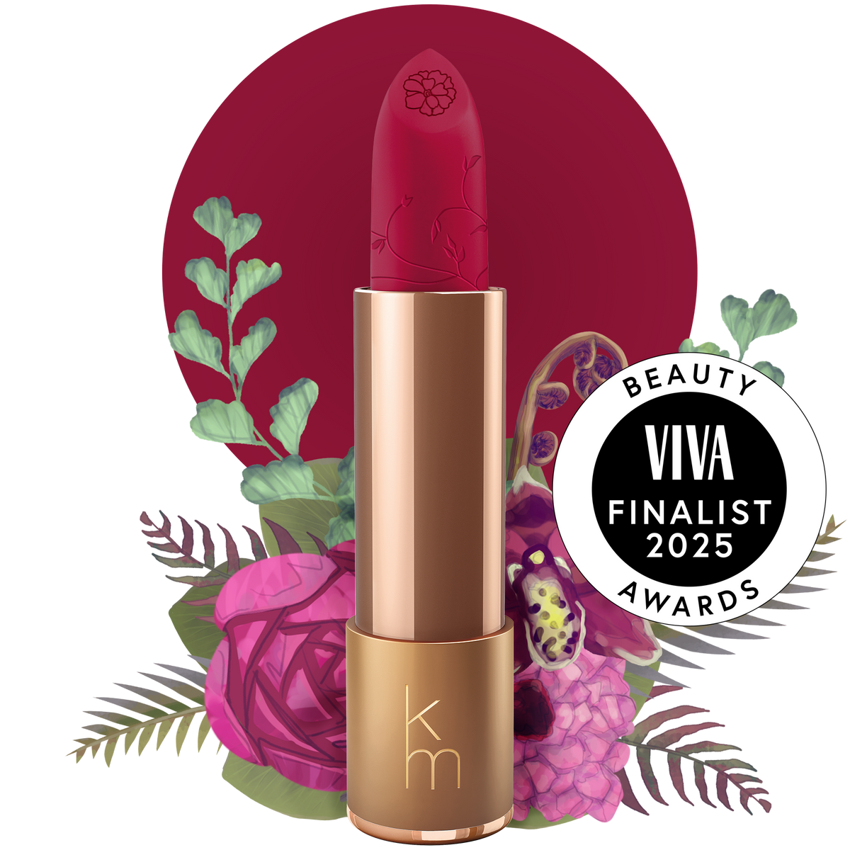 PINK lipstick with gold cap on a white background, surrounded by flowers and leaves, with VIVA Beauty Awards finalist badge.