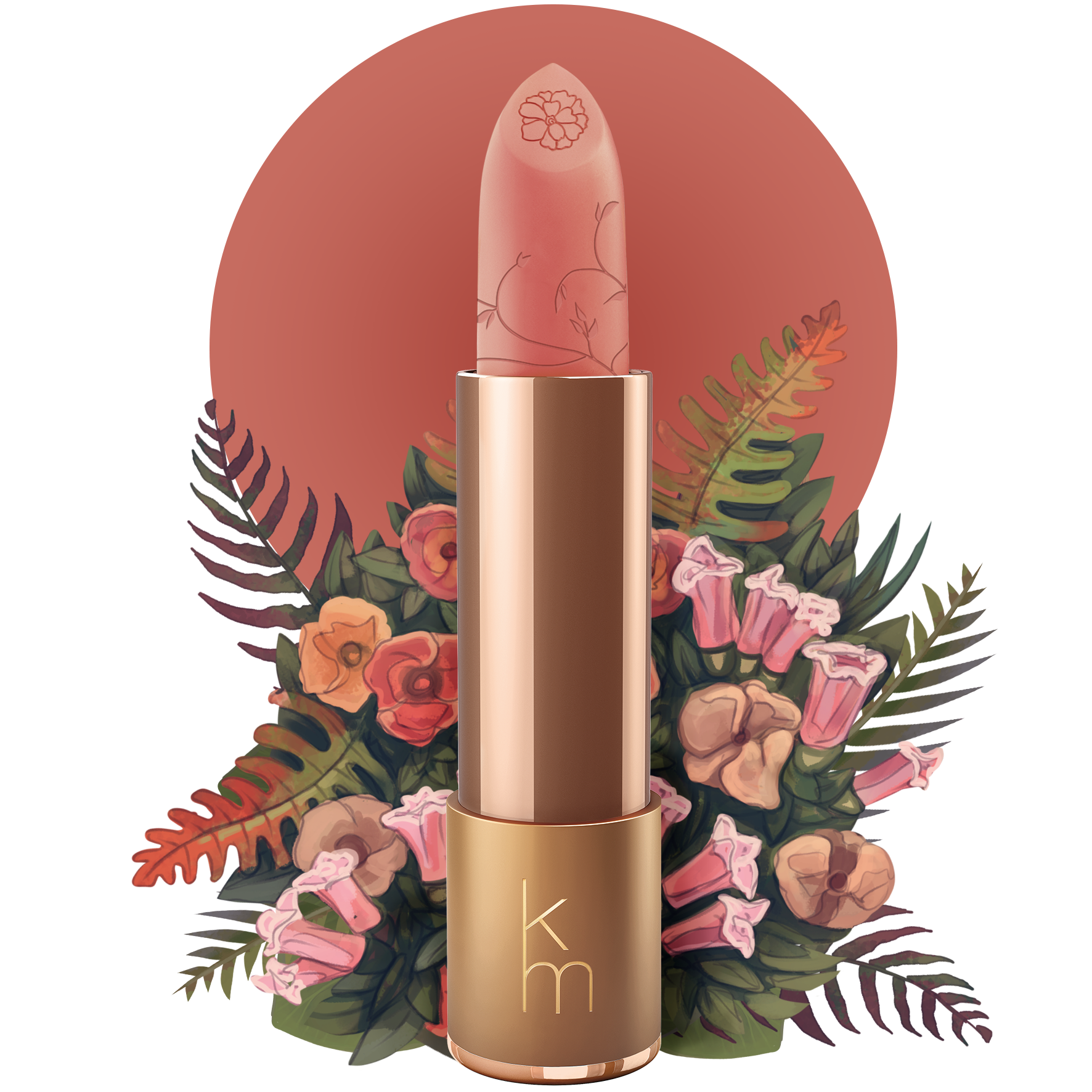 Nude Lipstick with floral design and 'km' logo on a white background