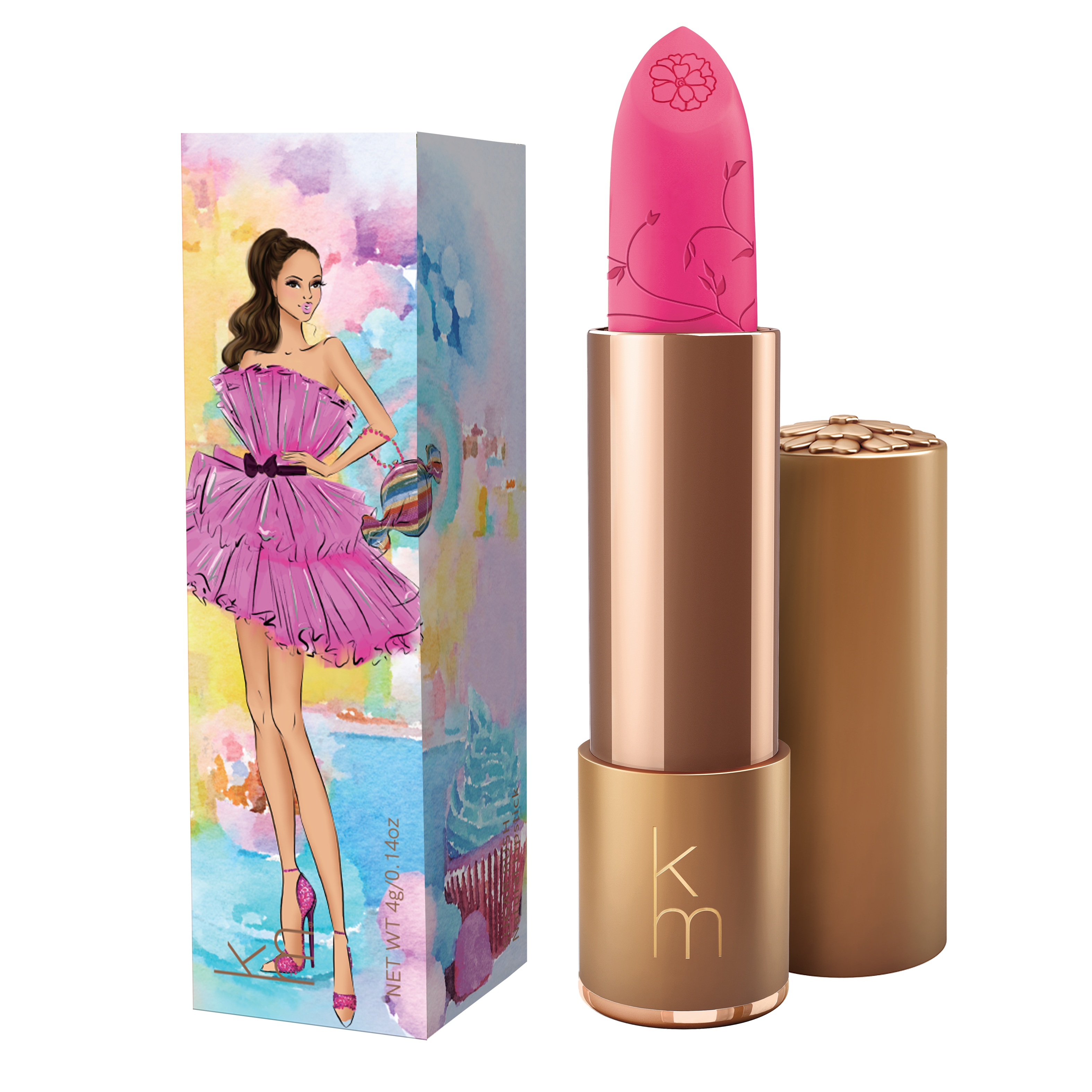 Pink lipstick in gold cannister, box featuring a lady in a pink dress holding a handbag 