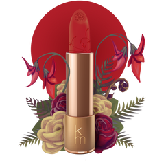 A digital illustration of a natural lipstick with a blue-based red color, presented in a rose gold tube. The background features a stylized floral design with red and yellow flowers.