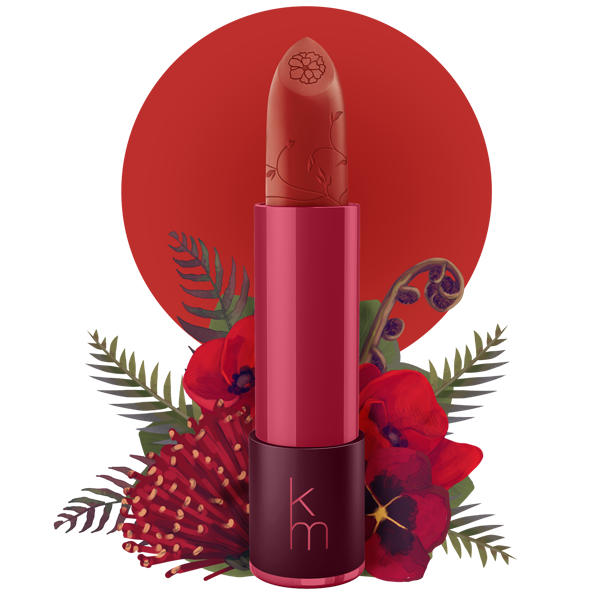 Red lipstick with floral and leaf decorations on a white background