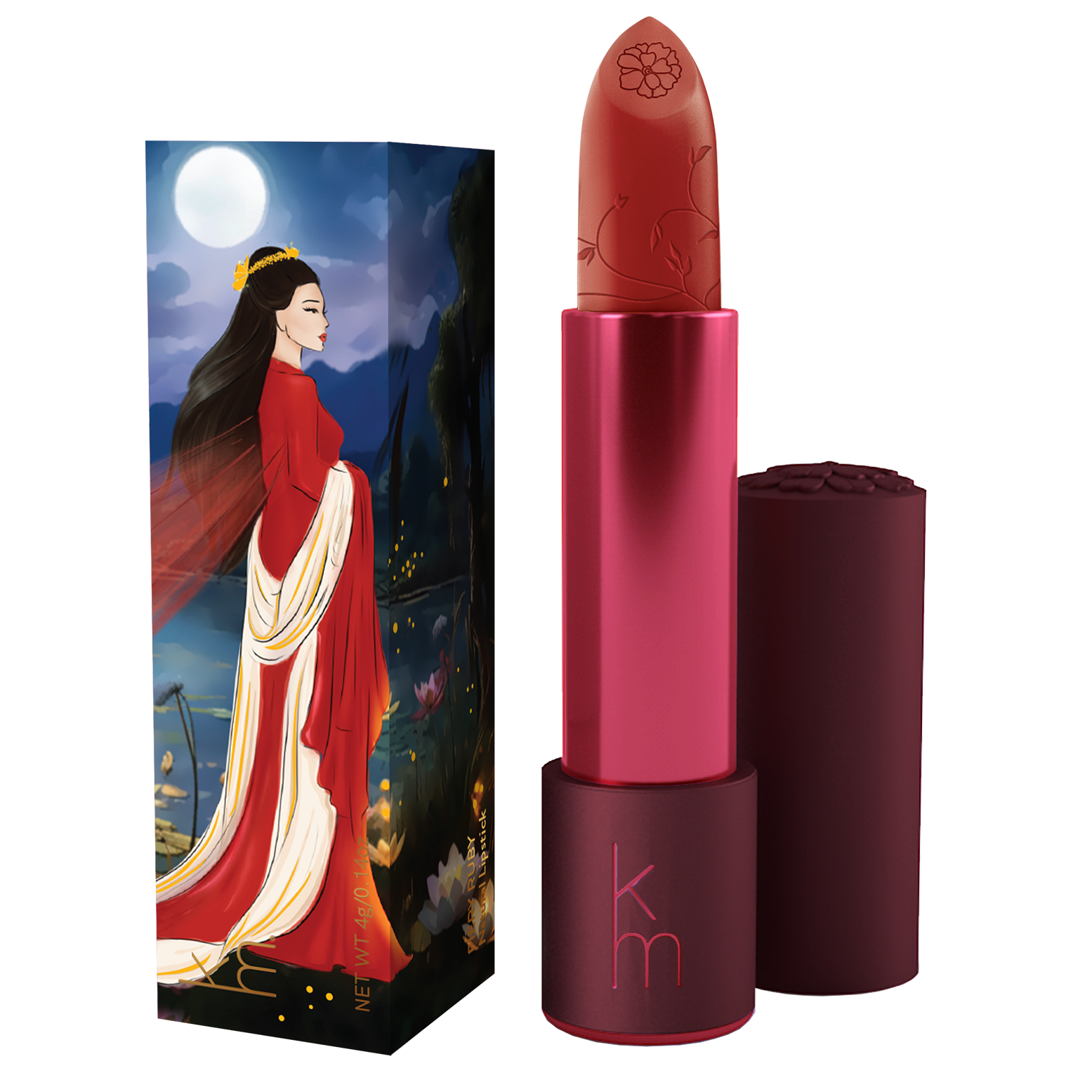 Lipstick with a decorative case featuring an illustration of a woman in a red dress against a night sky.