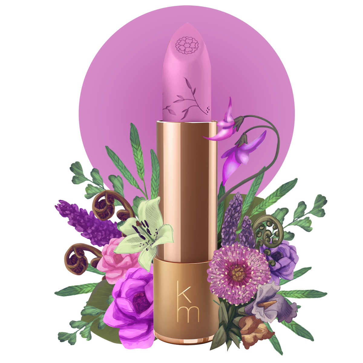 A natural lipstick in a gold-colored tube, labeled with 'KM' and a floral design, indicating a lilac color.