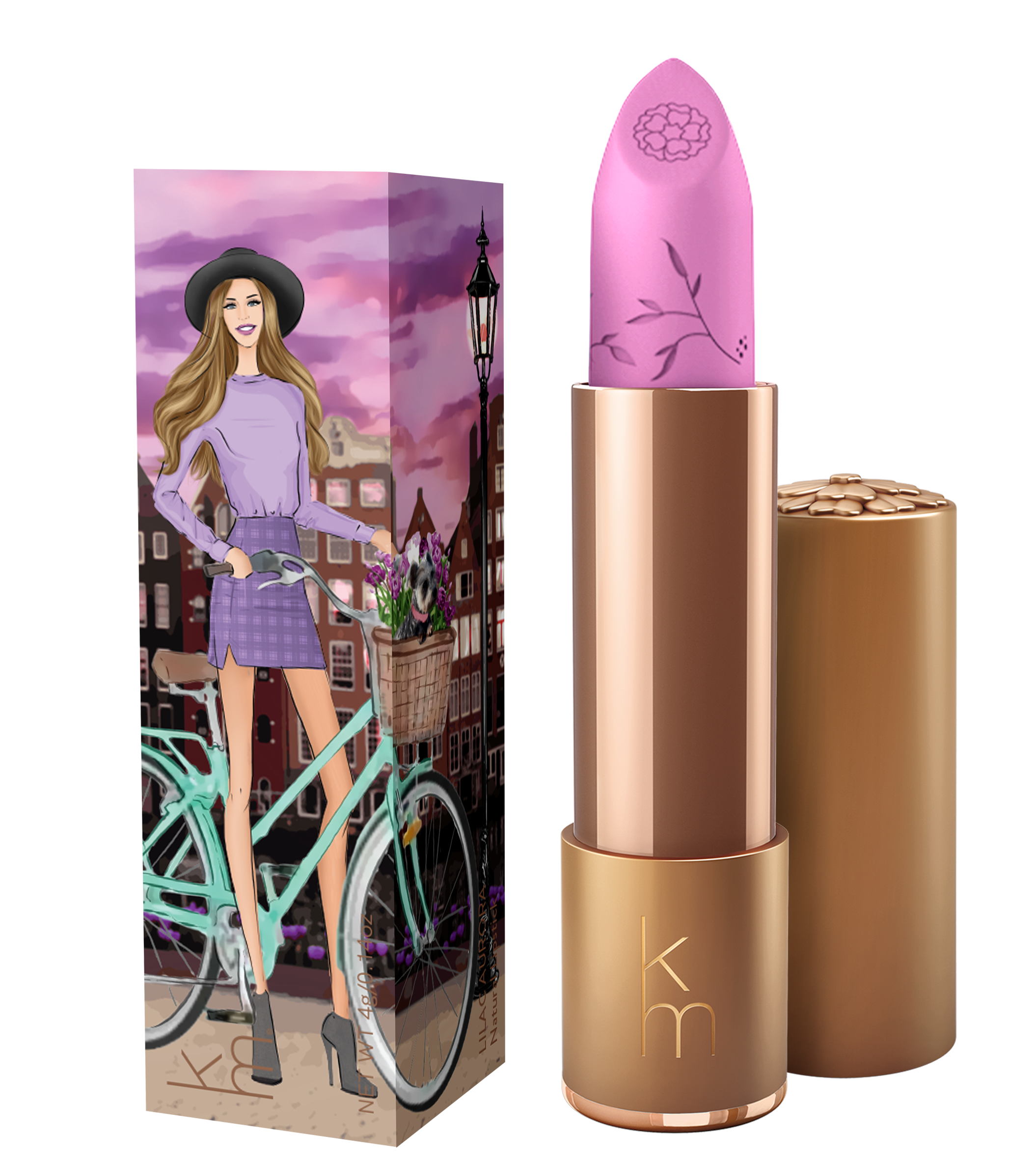 Lilac lipstick in a gold cannister and it's box. 
