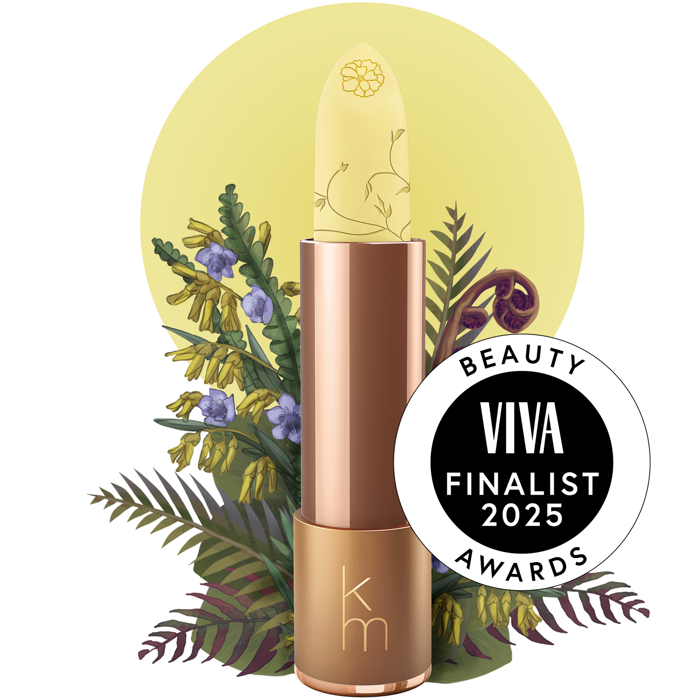 A colorless lip balm stick with the Karen Murrell brand logo, displayed against a backdrop with floral elements and a 'VIVA Finalist 2025 Beauty Awards' seal.